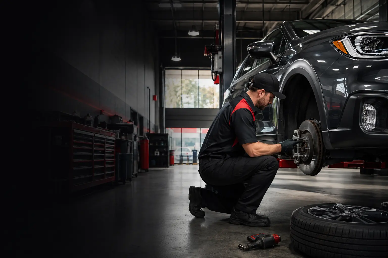 Technician servicing a vehicle at Grip Tire and Auto